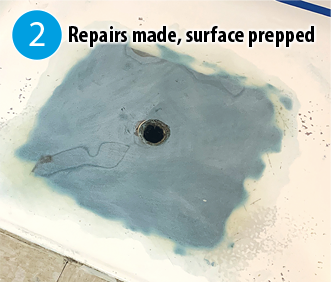 Shower pan Repairs made, surface prepped image